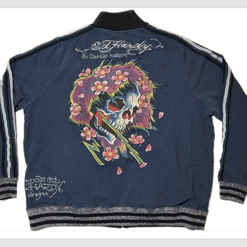 Don Ed Hardy Jacket Womens 3X by Christian Audigier Skull Flowers Full Zip